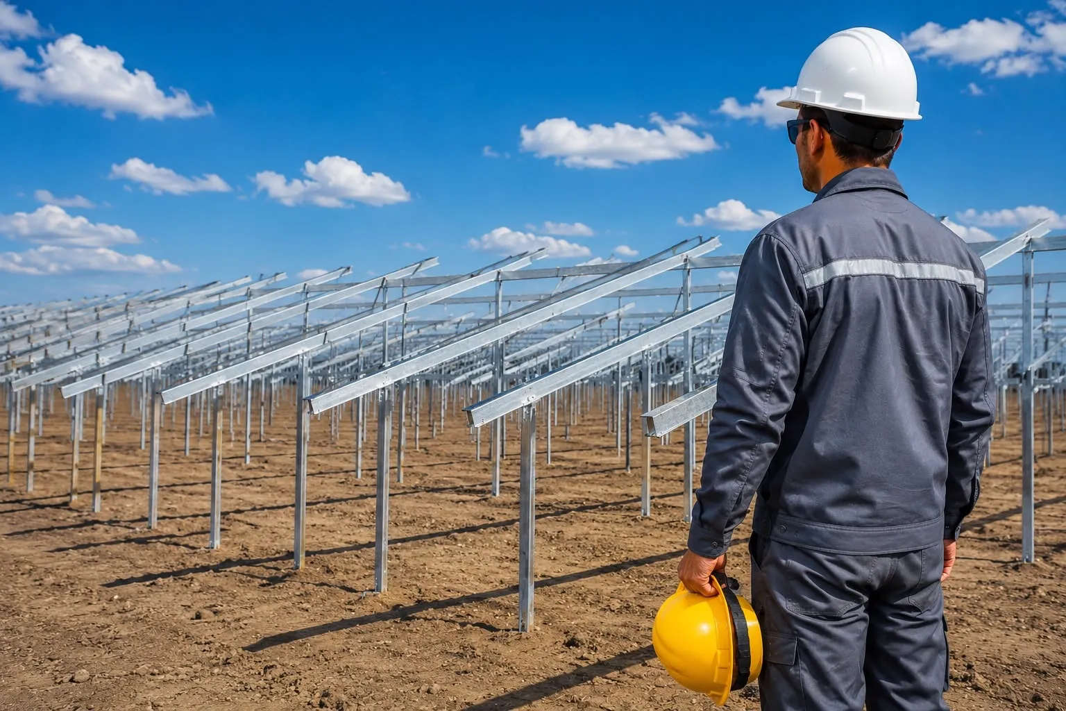 Técnico de Solentec frente a una estructura solar sobre perfiles hincados